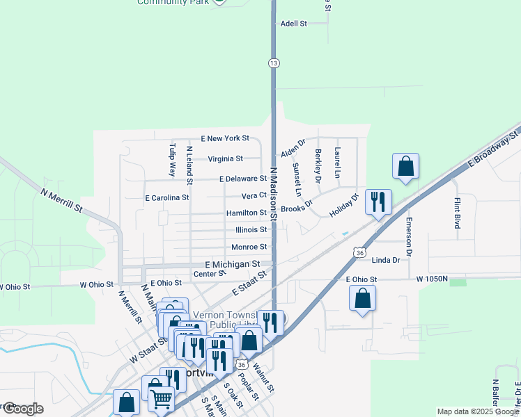 map of restaurants, bars, coffee shops, grocery stores, and more near 429 Hamilton Street in Fortville
