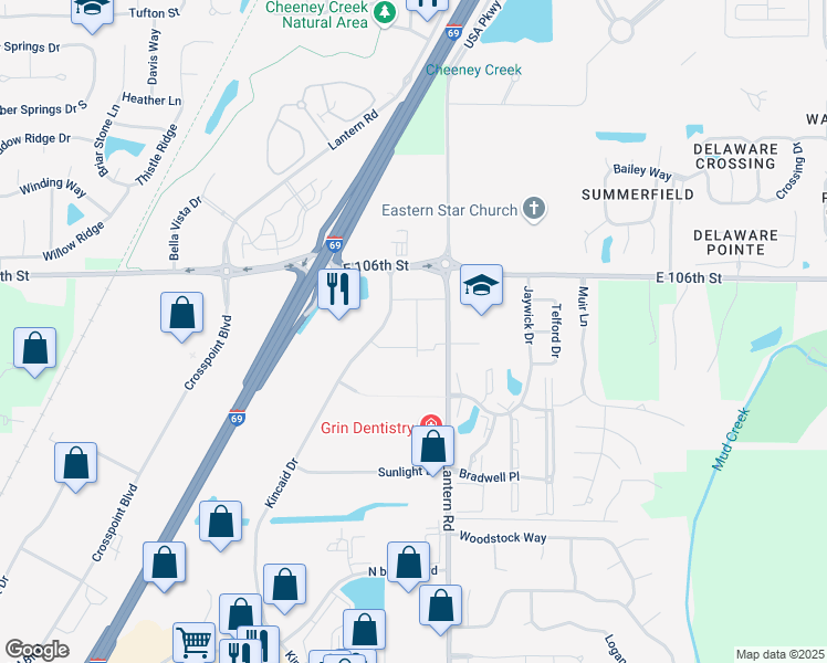 map of restaurants, bars, coffee shops, grocery stores, and more near 10595 Lantern Road in Fishers