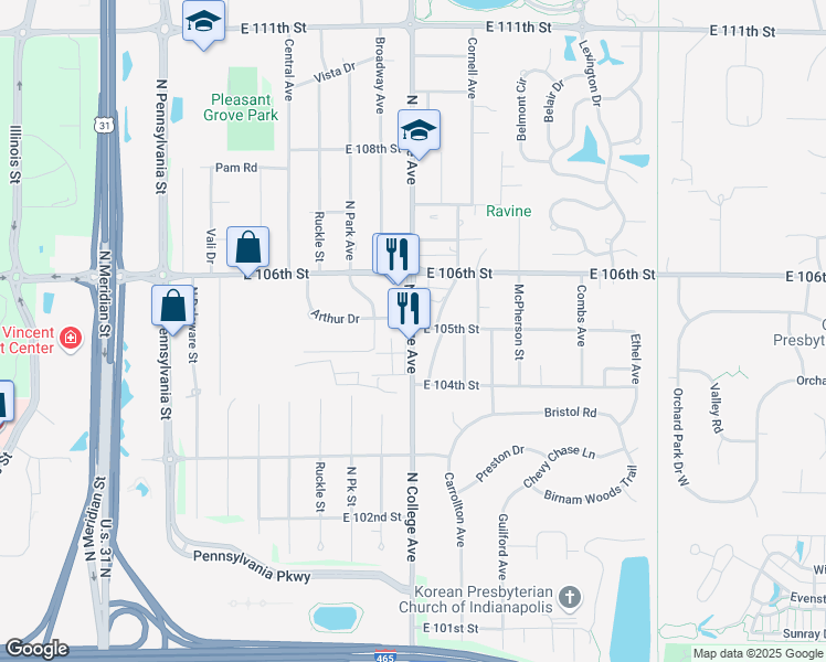 map of restaurants, bars, coffee shops, grocery stores, and more near 660 Arthur Drive in Indianapolis