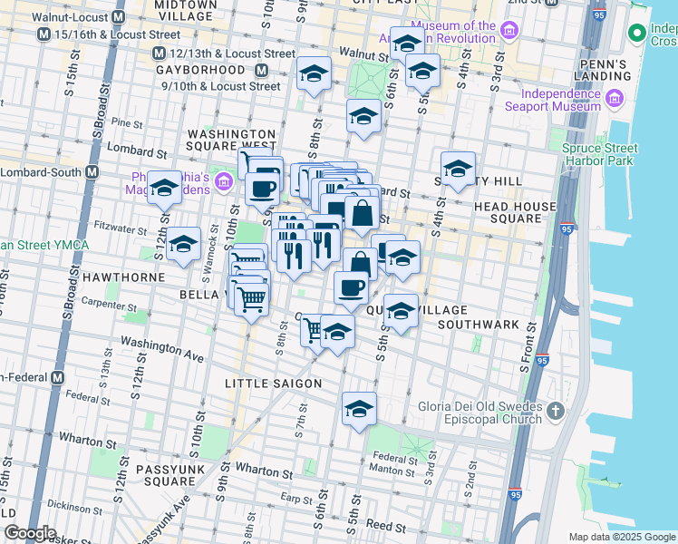 map of restaurants, bars, coffee shops, grocery stores, and more near 743 South Sheridan Street in Philadelphia