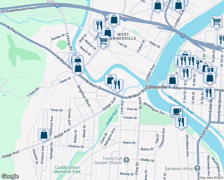 map of restaurants, bars, coffee shops, grocery stores, and more near 19 Young Street in Zanesville