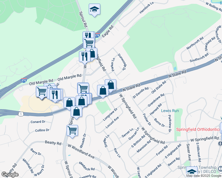 map of restaurants, bars, coffee shops, grocery stores, and more near 707 Buttonwood Drive in Springfield