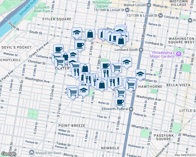 map of restaurants, bars, coffee shops, grocery stores, and more near 1735 Carpenter Street in Philadelphia