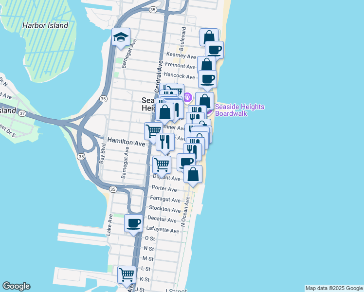 map of restaurants, bars, coffee shops, grocery stores, and more near 49 Webster Avenue in Seaside Heights