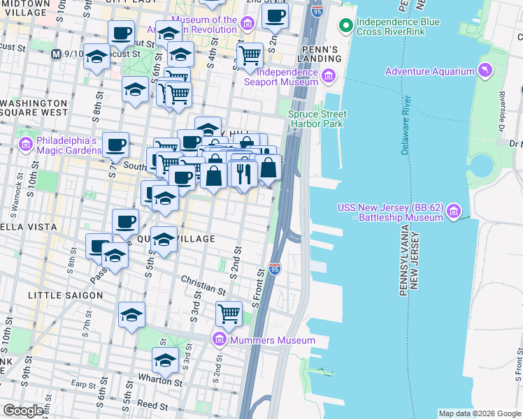 map of restaurants, bars, coffee shops, grocery stores, and more near in Philadelphia