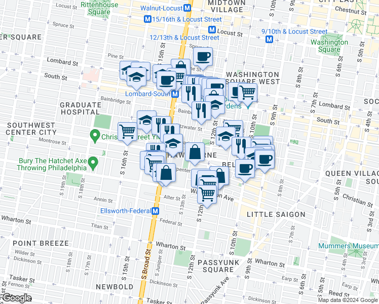 map of restaurants, bars, coffee shops, grocery stores, and more near 816 South 13th Street in Philadelphia
