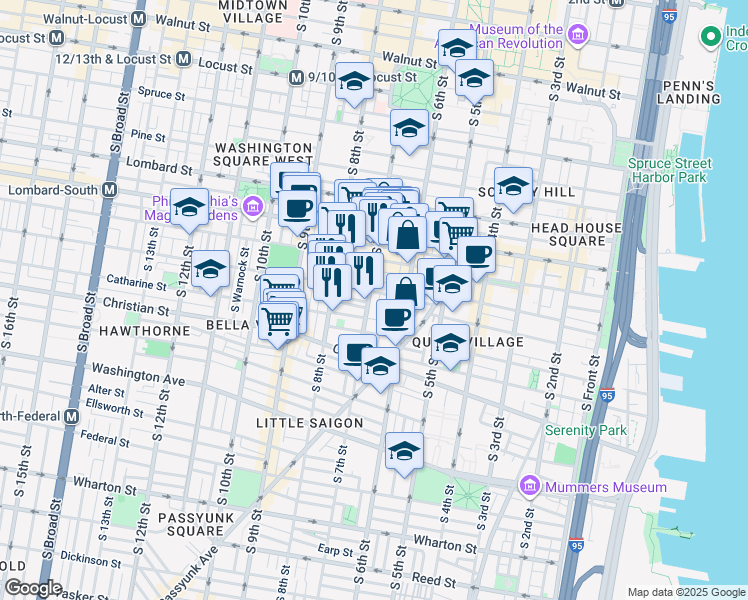 map of restaurants, bars, coffee shops, grocery stores, and more near 745 South 7th Street in Philadelphia