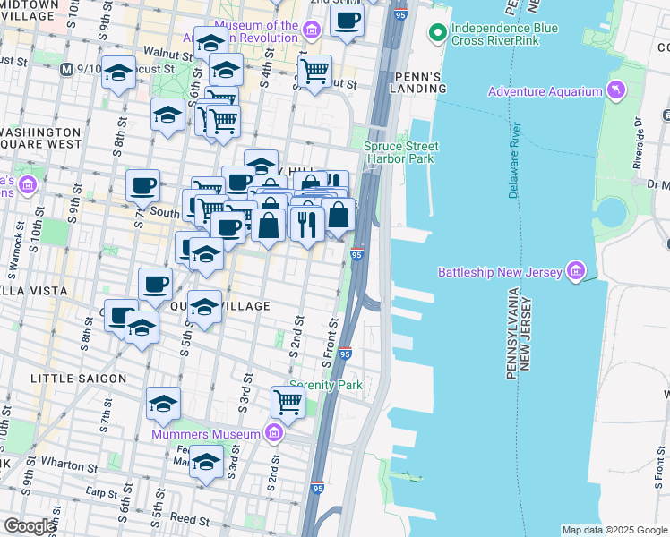 map of restaurants, bars, coffee shops, grocery stores, and more near 106 Bainbridge Street in Philadelphia