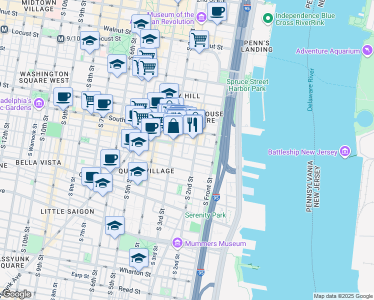 map of restaurants, bars, coffee shops, grocery stores, and more near 714 South Philip Street in Philadelphia