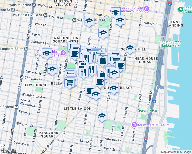 map of restaurants, bars, coffee shops, grocery stores, and more near 743 South Sheridan Street in Philadelphia