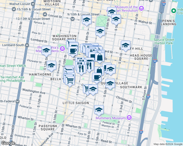 map of restaurants, bars, coffee shops, grocery stores, and more near 745 South 7th Street in Philadelphia