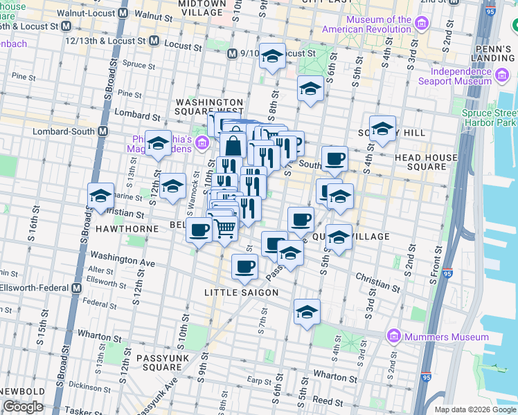 map of restaurants, bars, coffee shops, grocery stores, and more near 736 South 8th Street in Philadelphia