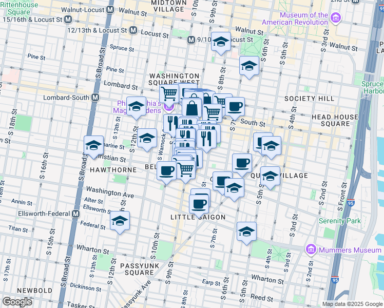 map of restaurants, bars, coffee shops, grocery stores, and more near 759 South 9th Street in Philadelphia