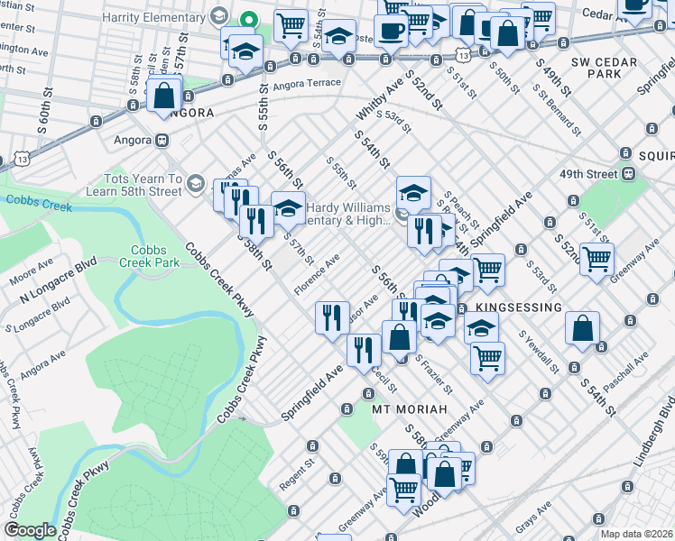 map of restaurants, bars, coffee shops, grocery stores, and more near 5611 Beaumont Avenue in Philadelphia