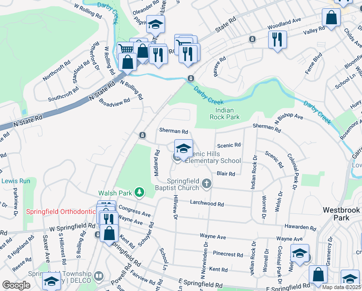map of restaurants, bars, coffee shops, grocery stores, and more near 152 Scenic Road in Springfield