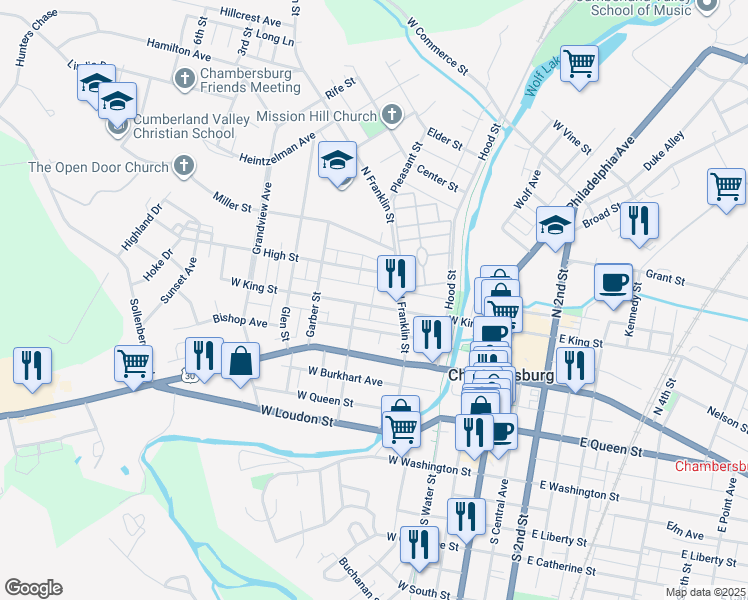 map of restaurants, bars, coffee shops, grocery stores, and more near 255 West King Street in Chambersburg