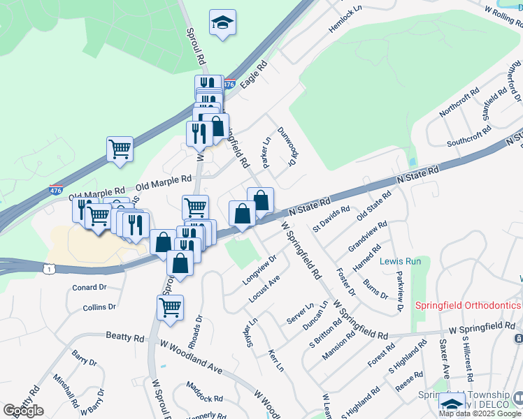 map of restaurants, bars, coffee shops, grocery stores, and more near 707 Buttonwood Drive in Springfield