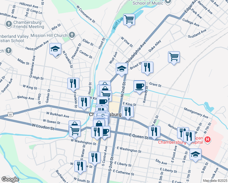 map of restaurants, bars, coffee shops, grocery stores, and more near 200 North Main Street in Chambersburg
