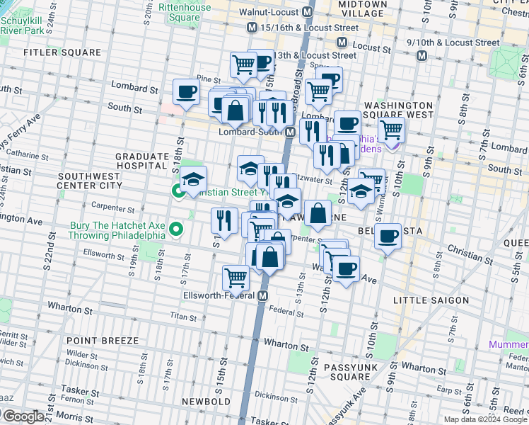 map of restaurants, bars, coffee shops, grocery stores, and more near 1416 Christian Street in Philadelphia