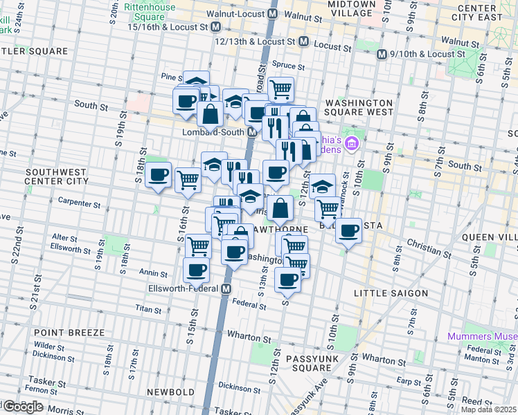 map of restaurants, bars, coffee shops, grocery stores, and more near 1331 Christian Street in Philadelphia
