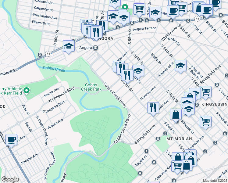 map of restaurants, bars, coffee shops, grocery stores, and more near 5865 Hadfield Street in Philadelphia