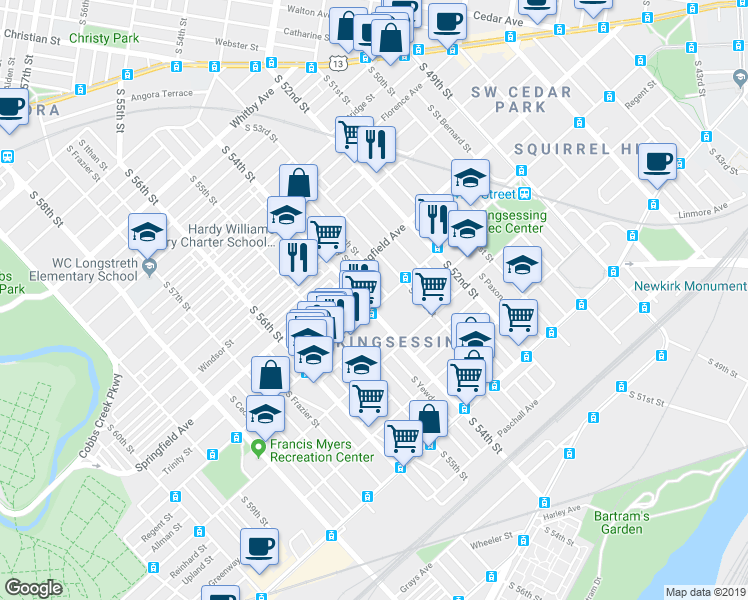 map of restaurants, bars, coffee shops, grocery stores, and more near 5341 Chester Avenue in Philadelphia