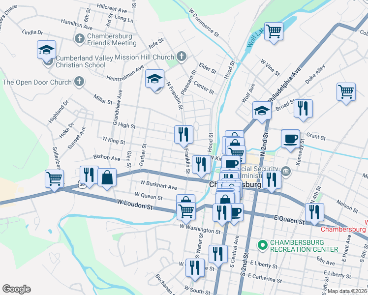 map of restaurants, bars, coffee shops, grocery stores, and more near 137 North Franklin Street in Chambersburg