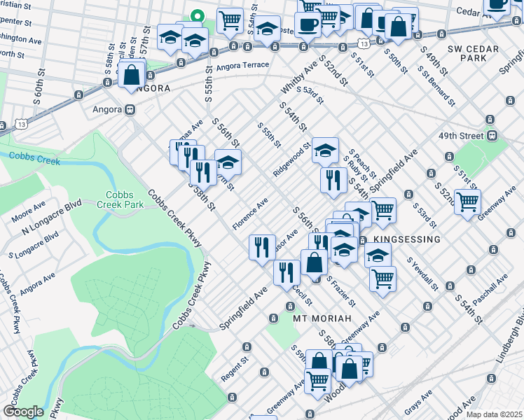 map of restaurants, bars, coffee shops, grocery stores, and more near 5648 Ridgewood Street in Philadelphia