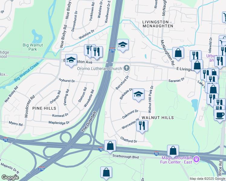 map of restaurants, bars, coffee shops, grocery stores, and more near 1863 Bairsford Drive in Columbus