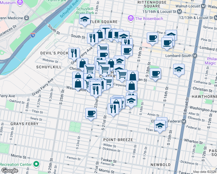 map of restaurants, bars, coffee shops, grocery stores, and more near 2120 Montrose Street in Philadelphia