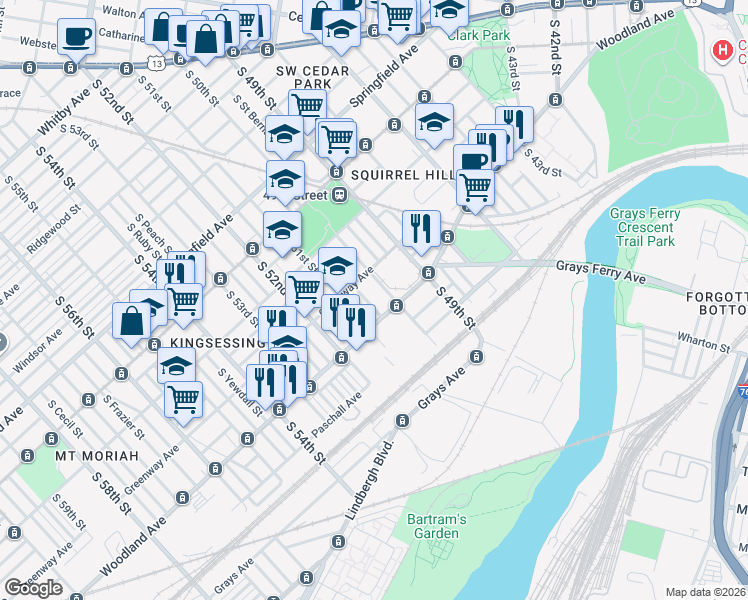 map of restaurants, bars, coffee shops, grocery stores, and more near 1324 South 50th Street in Philadelphia