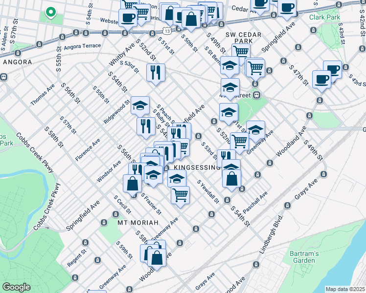 map of restaurants, bars, coffee shops, grocery stores, and more near 5341 Chester Avenue in Philadelphia