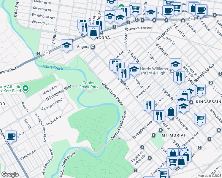 map of restaurants, bars, coffee shops, grocery stores, and more near 5837 Hadfield Street in Philadelphia