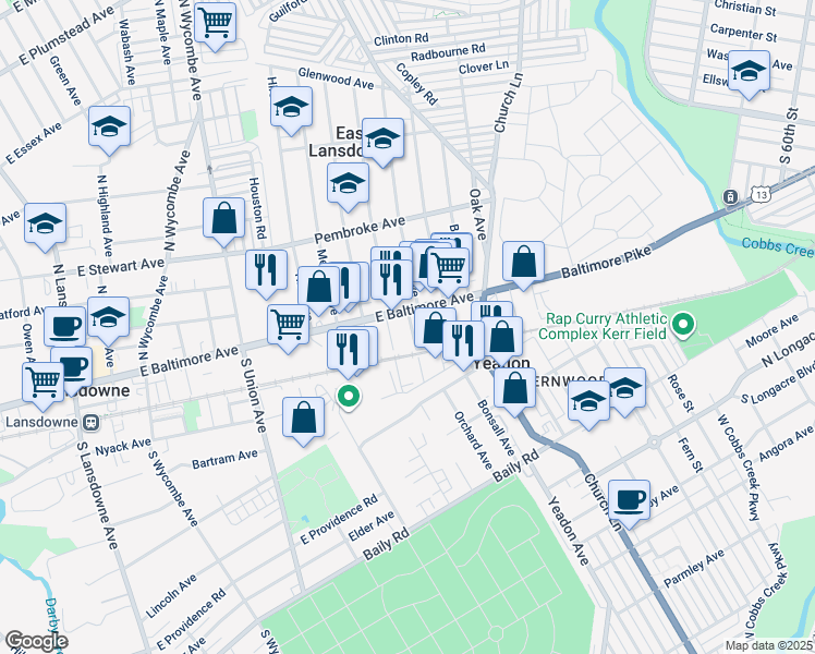 map of restaurants, bars, coffee shops, grocery stores, and more near 7 3rd Street in Lansdowne