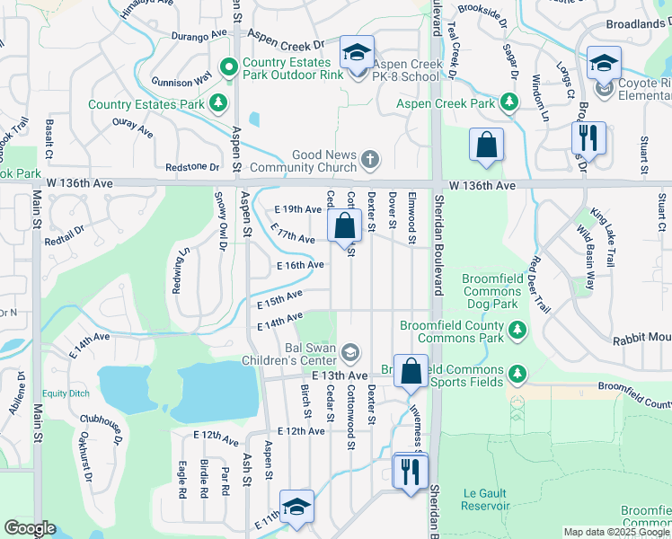 map of restaurants, bars, coffee shops, grocery stores, and more near 1689 Cottonwood Street in Broomfield