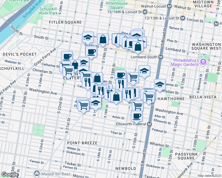 map of restaurants, bars, coffee shops, grocery stores, and more near 925 South 18th Street in Philadelphia