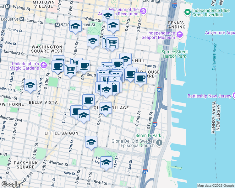 map of restaurants, bars, coffee shops, grocery stores, and more near 715 South 4th Street in Philadelphia