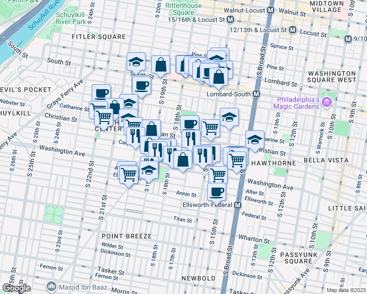map of restaurants, bars, coffee shops, grocery stores, and more near 1716 Montrose Street in Philadelphia