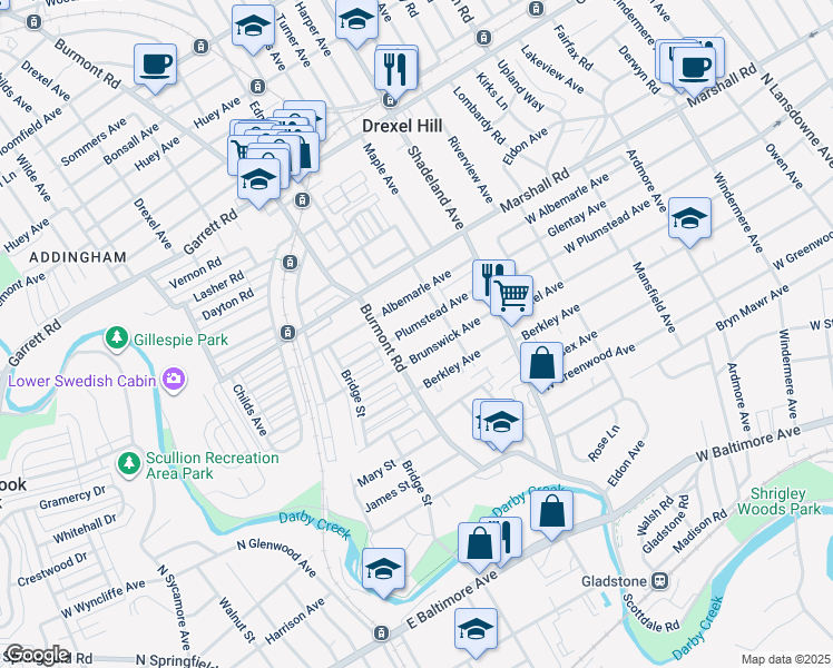 map of restaurants, bars, coffee shops, grocery stores, and more near 3426 Plumstead Avenue in Drexel Hill