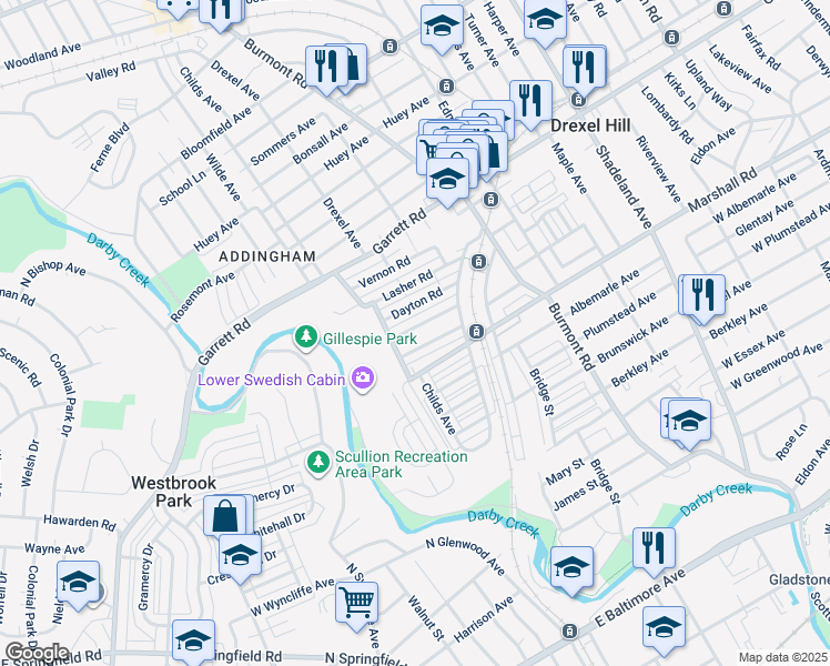 map of restaurants, bars, coffee shops, grocery stores, and more near 4050 Ellendale Road in Drexel Hill