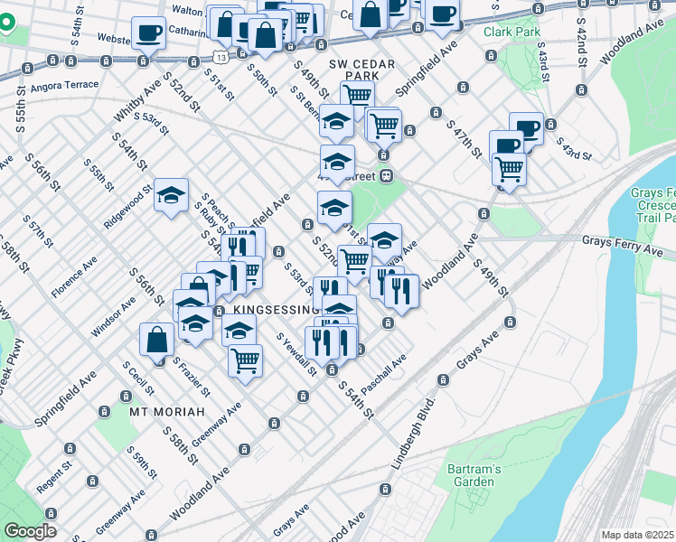 map of restaurants, bars, coffee shops, grocery stores, and more near 1414 South 52nd Street in Philadelphia