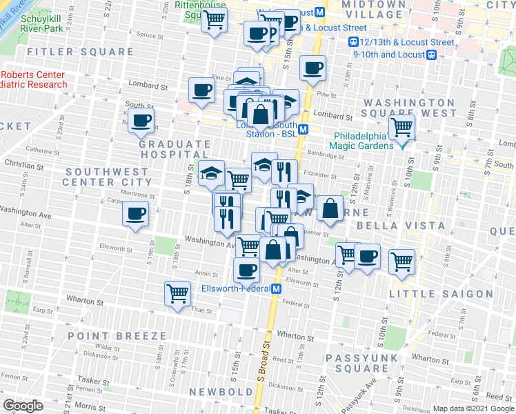 map of restaurants, bars, coffee shops, grocery stores, and more near 1504 Christian Street in Philadelphia
