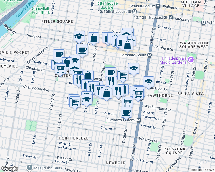 map of restaurants, bars, coffee shops, grocery stores, and more near 1714 Montrose Street in Philadelphia