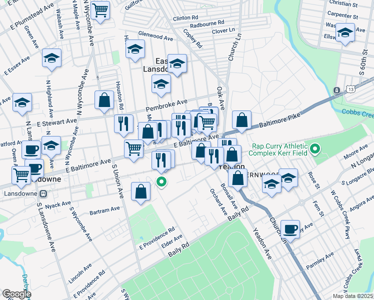 map of restaurants, bars, coffee shops, grocery stores, and more near 7 3rd Street in Lansdowne