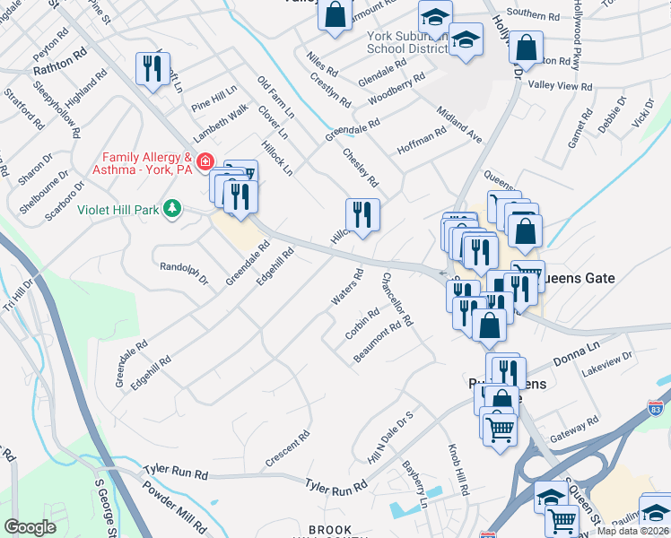 map of restaurants, bars, coffee shops, grocery stores, and more near 1860 South Queen Street in York