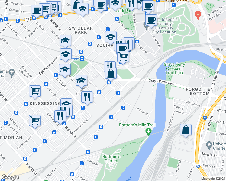 map of restaurants, bars, coffee shops, grocery stores, and more near 1422 South 49th Street in Philadelphia