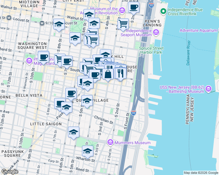map of restaurants, bars, coffee shops, grocery stores, and more near 715 South 3rd Street in Philadelphia