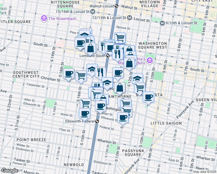 map of restaurants, bars, coffee shops, grocery stores, and more near 1331 Webster Street in Philadelphia