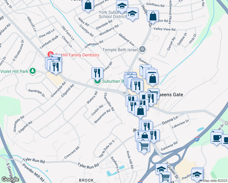 map of restaurants, bars, coffee shops, grocery stores, and more near 2022 South Queen Street in York