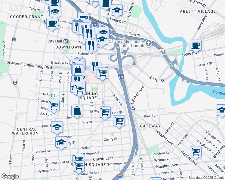 map of restaurants, bars, coffee shops, grocery stores, and more near 3 Cooper Plaza in Camden